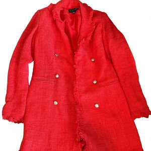 Rachel Zoe Women Red Long Sleeve Fringe Edges Tweed Blazer Pea coat Size Small